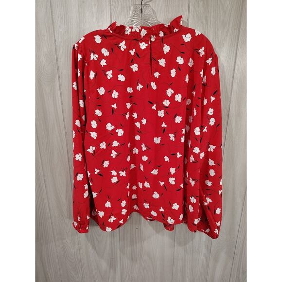 J Crew Blouse Women Red Floral Print Plus Size 3X Fairy Peasant Ruffle Neck Top - Picture 4 of 8